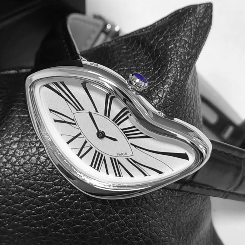 Luxury Quartz Men's Watch Vintage Cash Creative Melting Twisted Watches For Men Irregular Case Leather Y2K ins style niche watch