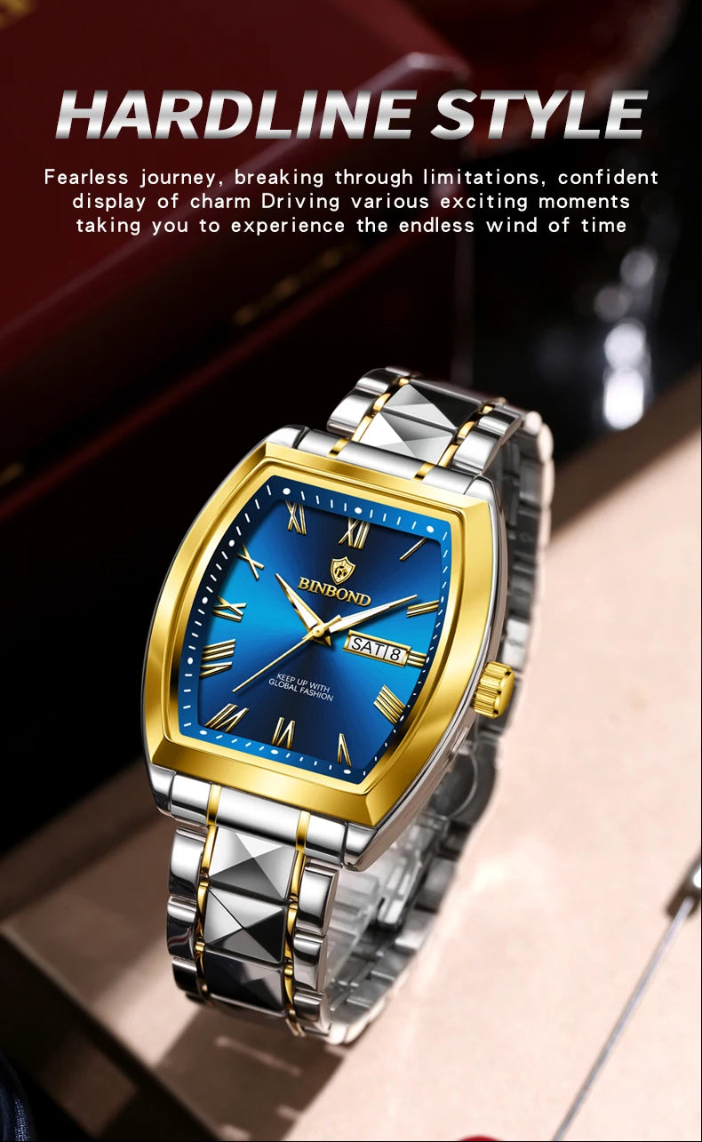 BINBOND 2pcs Couple Watches Fashion Square Quartz Watch for Lover Wateproof Luminous Date Week Men Ladies Valentine Wristwatch