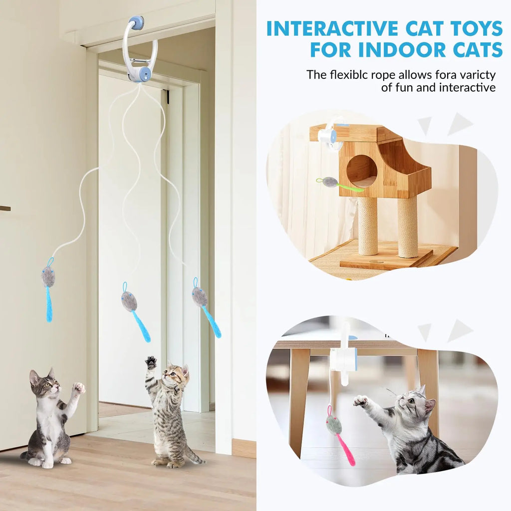 Interactive Cat Toys for Indoor Cats, Smart USB Rechargeable Door Hanging retractable cat toy, with 3 Catnip Mice, for Bored Cat