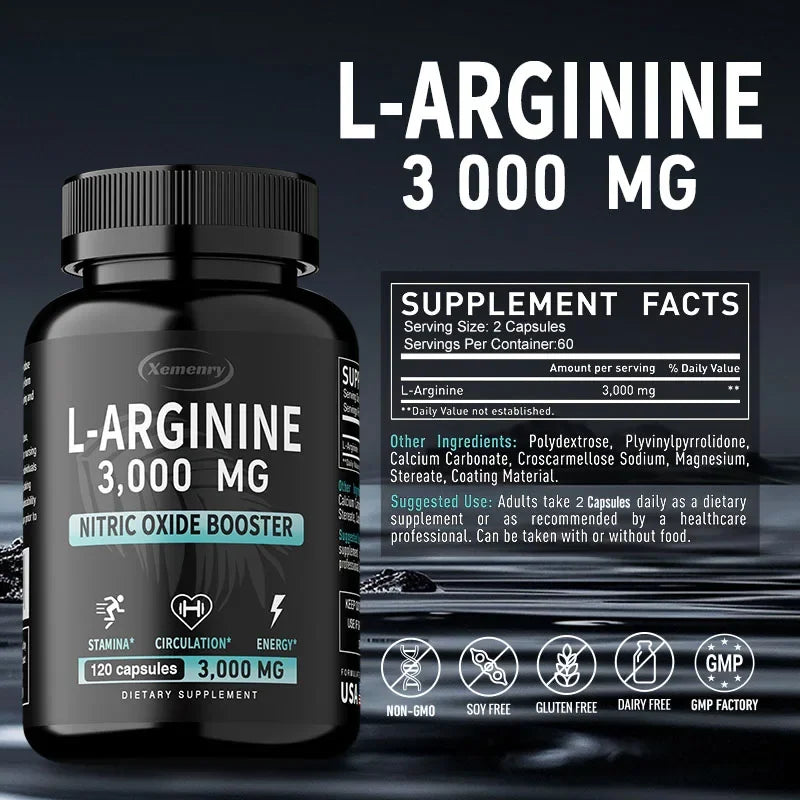 L-Arginine 3000mg - Contains Amino Acids, Supports Blood Flow and Heart Function, Promotes Muscle Growth, Boosts Energy