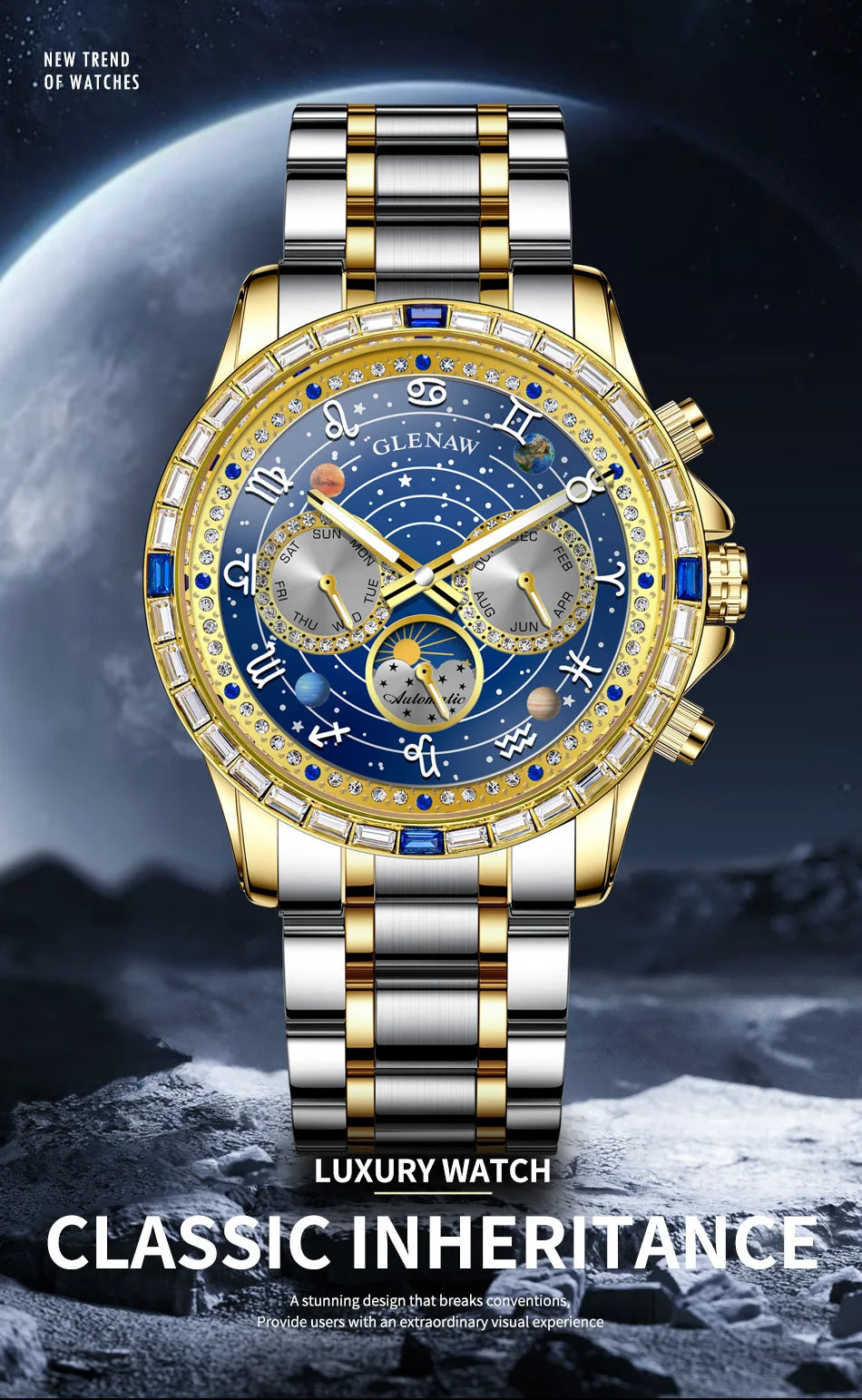 Glenaw top brand luxury fashion personalized fully automatic mechanical gold watch men's luminous waterproof watch