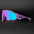 Purple and blue mirrored shield sunglasses with angular frame on black background