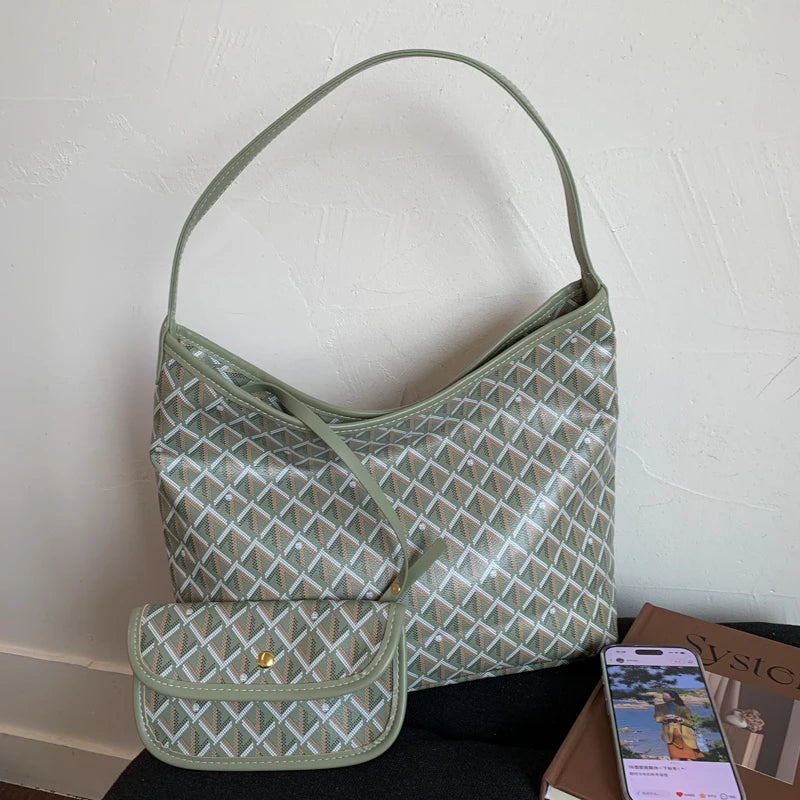 Large Capacity Women's Shoulder Bag Fashionable Commuter Tote Bag Soft PU Leather Printed Geometric Pattern Autumn New Arrival