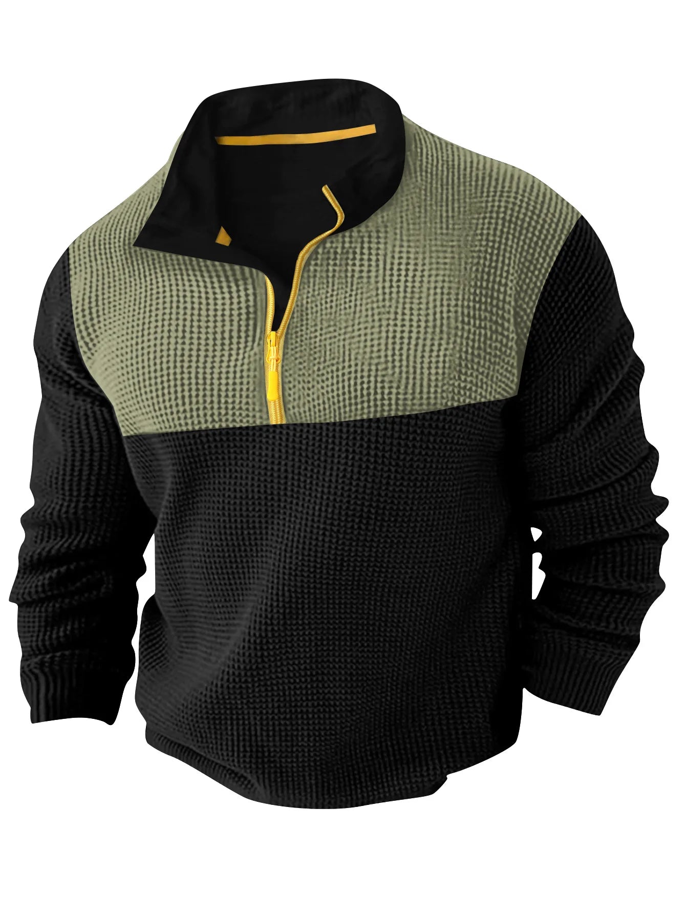 2025 New Patchwork Autumn winter fabric men's casual long sleeve solid color half zip stand collar T-shirt top men's pullover ﻿