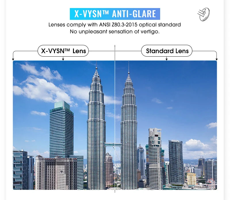 Comparison of city skyline through X-VYSN anti-glare lens versus standard lens, showing clearer, more vibrant buildings and sky on the left side.