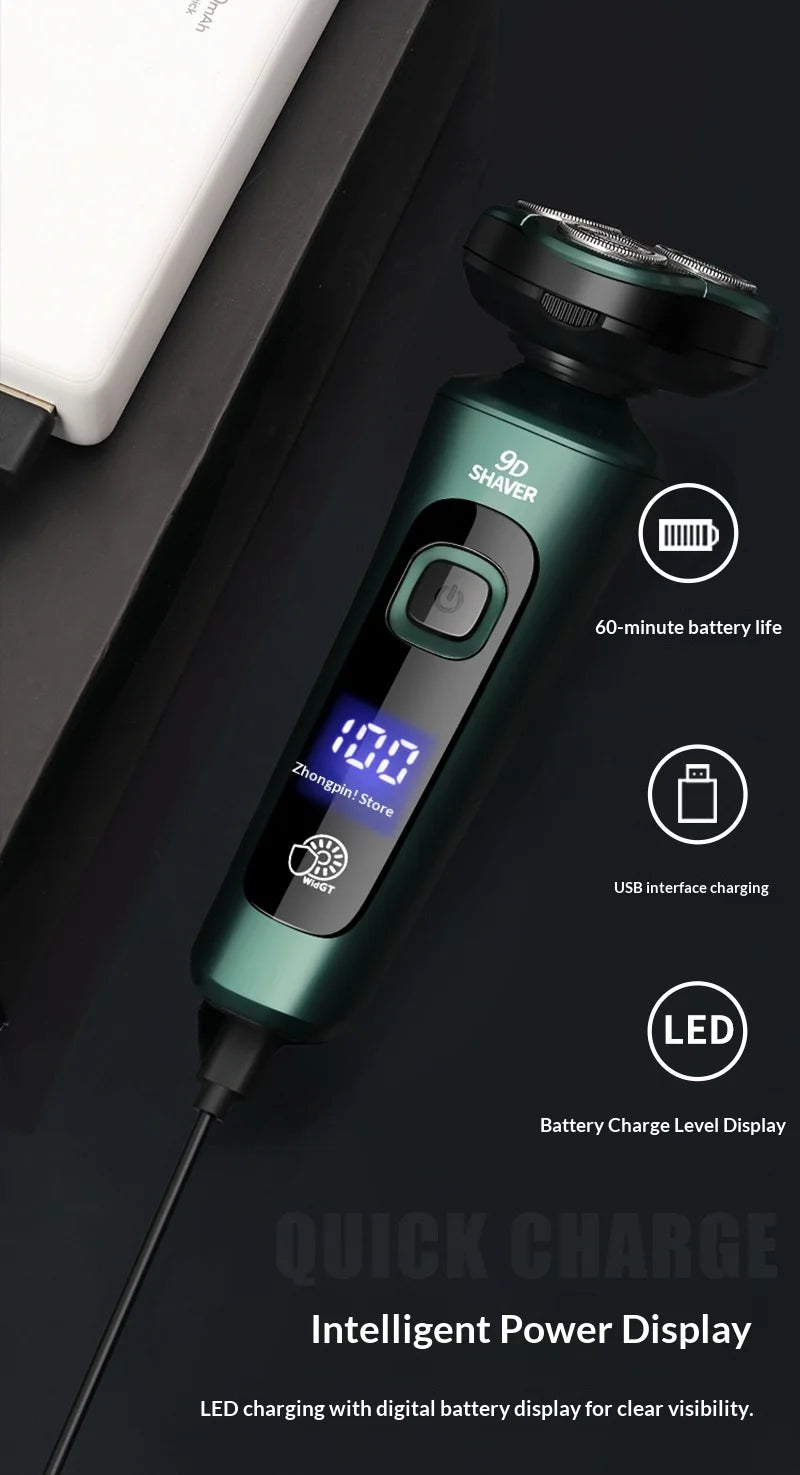 Smart Electric Shaver with LCD Display – 3D Floating Triple Head Razor, USB Rechargeable & Waterproof for Shaving Beard Trimming