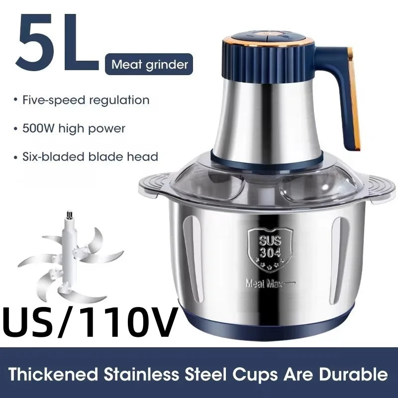 5L Food Processors Stainless Steel Multifunctional Electric Meat Grinder Kitchen Blenders  for Kitchen Meat Vegetables Blenders