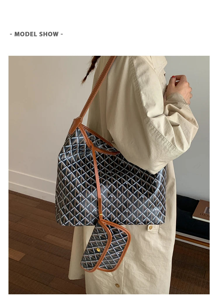 Large Capacity Women's Shoulder Bag Fashionable Commuter Tote Bag Soft PU Leather Printed Geometric Pattern Autumn New Arrival