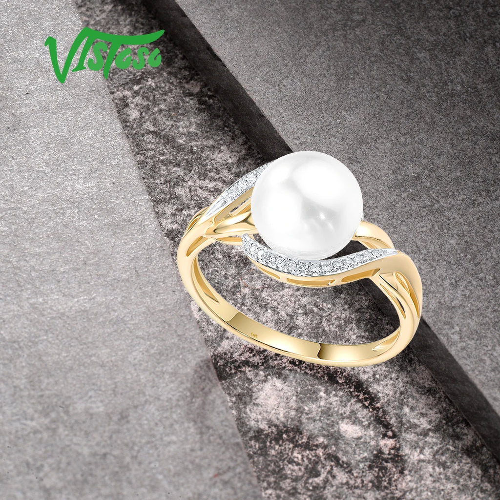VISTOSO Genuine 14K 585 Yellow Gold Ring For Women Sparkling Diamonds Fresh Water Pearl Delicate Party Fashion Fine Jewelry