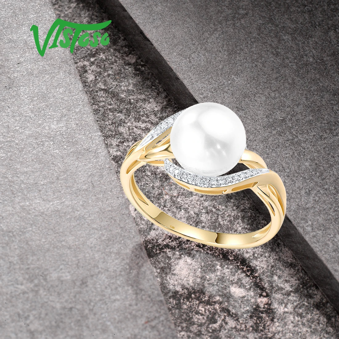 VISTOSO Genuine 14K 585 Yellow Gold Ring For Women Sparkling Diamonds Fresh Water Pearl Delicate Party Fashion Fine Jewelry