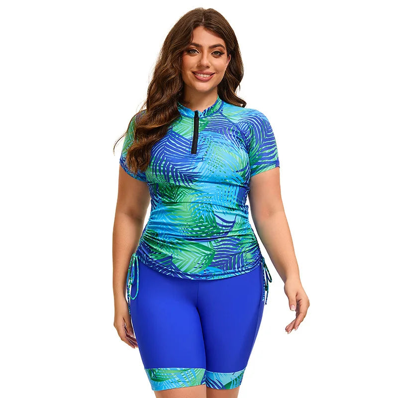 Trendy Swimwear Tropical Plants Printed Women Plus Size Tankini Swimsuit 2 Piece Big Size Bathing Suits and Shorts XL-5XL