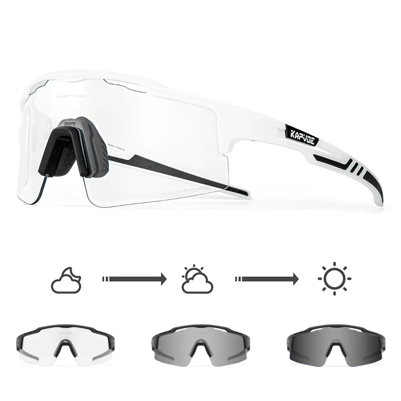 Photochromic sports sunglasses with white frame, adaptive lenses for changing light conditions.