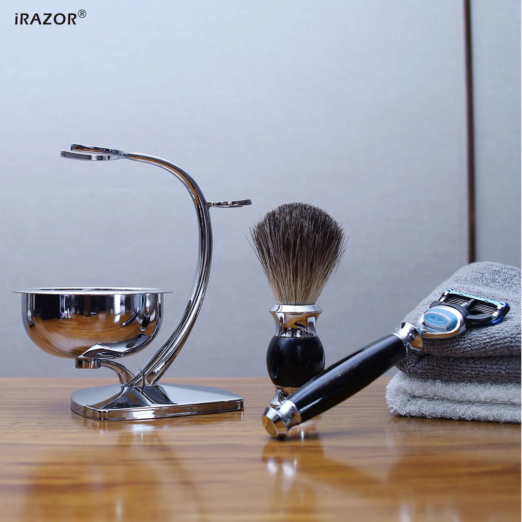 iRAZOR 5-Blade Fusion Safety Razor Shaving Kit with Badger Hair Shaving Brush & Bowl Stand Holder - Grooming Gift for Men