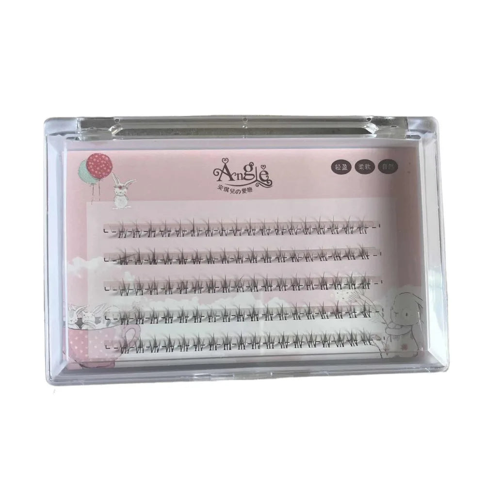 Tray of Angle cluster false eyelashes in a clear case with pink bunny-themed background.