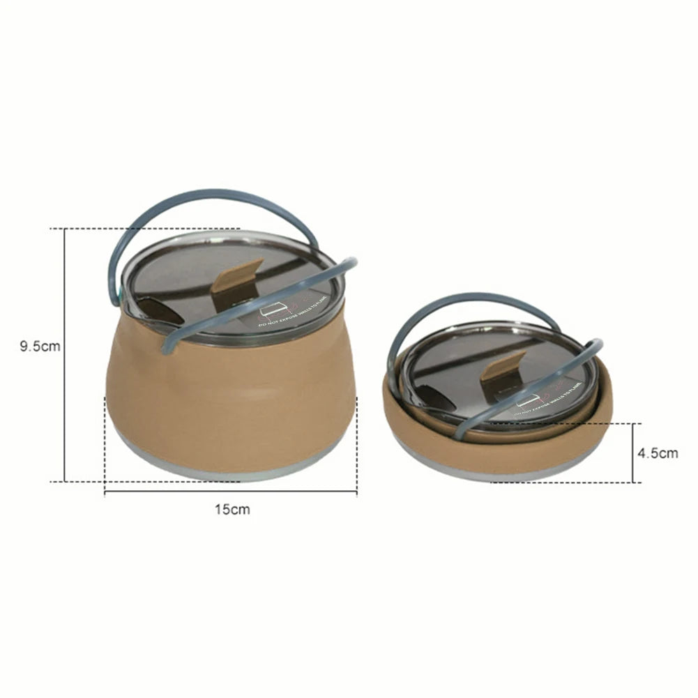 1.5L Silicone Kettle with Handle 1L Camping Cook Pot Stainless Steel Bottom Collapsible Water Cup/Bowl for Camping Backpacking