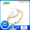 VISTOSO Genuine 14K 585 Yellow Gold Ring For Women Sparkling Diamonds Fresh Water Pearl Delicate Party Fashion Fine Jewelry