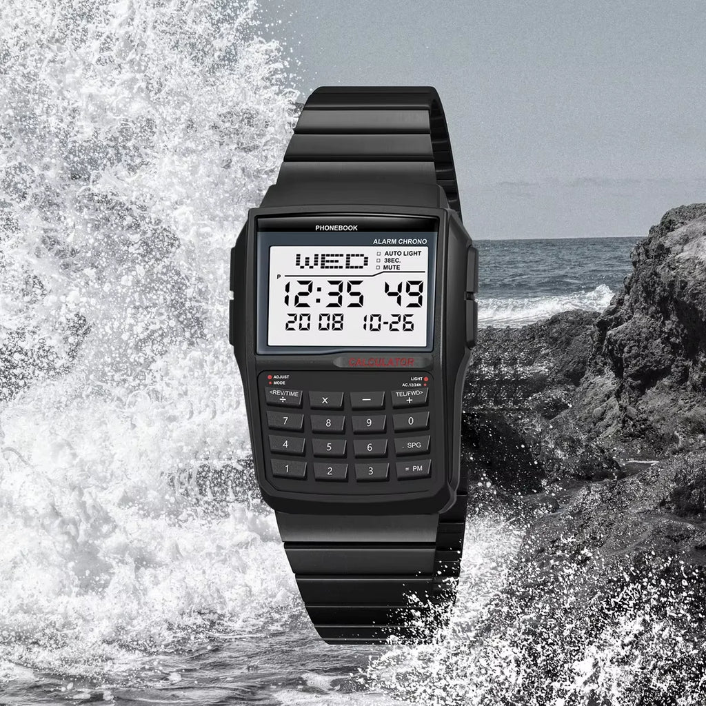 Top Luxury Stainless Steel Men's Watch Dual Time Zone Sports Calculator Watch Men's Digital Watch Timer Casual Phonebook Watch