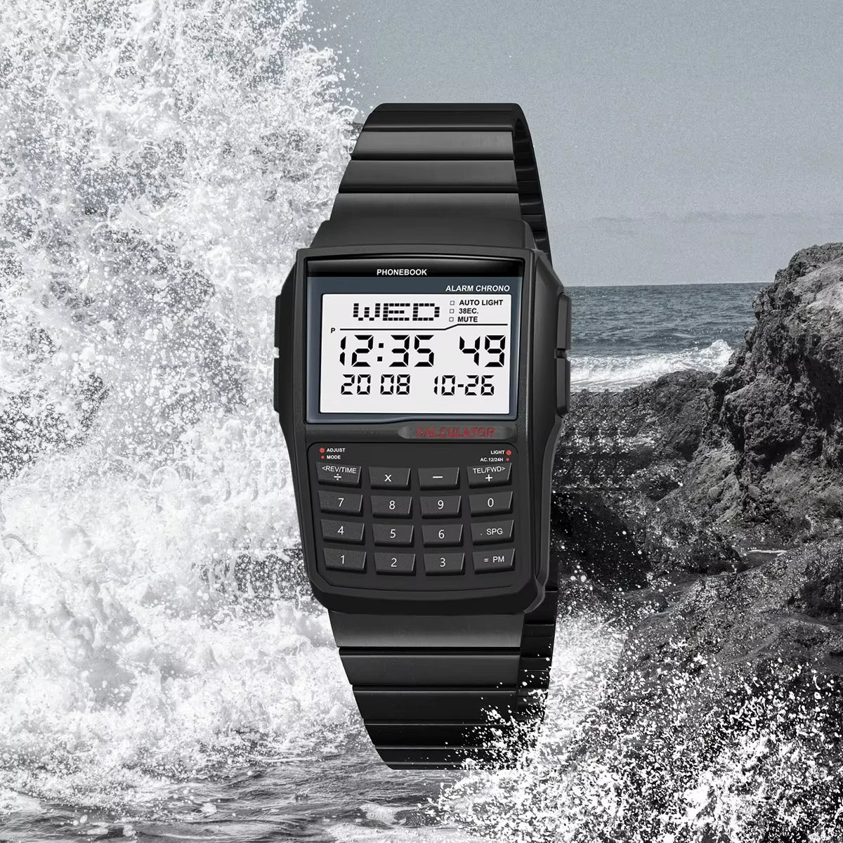 Top Luxury Stainless Steel Men's Watch Dual Time Zone Sports Calculator Watch Men's Digital Watch Timer Casual Phonebook Watch