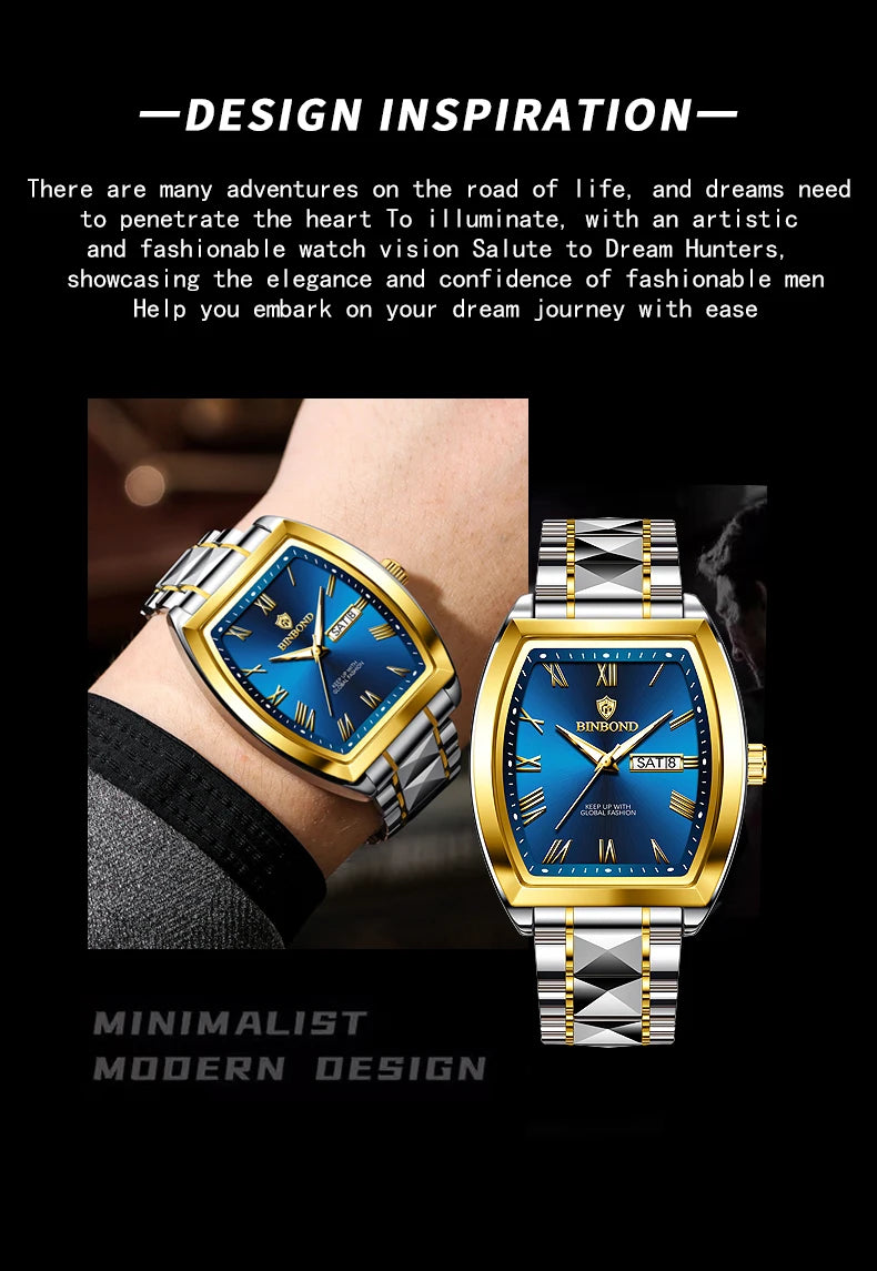 BINBOND 2pcs Couple Watches Fashion Square Quartz Watch for Lover Wateproof Luminous Date Week Men Ladies Valentine Wristwatch