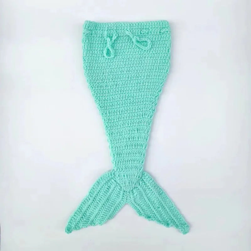Light Blue Knitted Mermaid 3pc Set Headwear Fish Tail Top Newborn Garment Infant Studio Portrait Shooting Basic Photography Wear