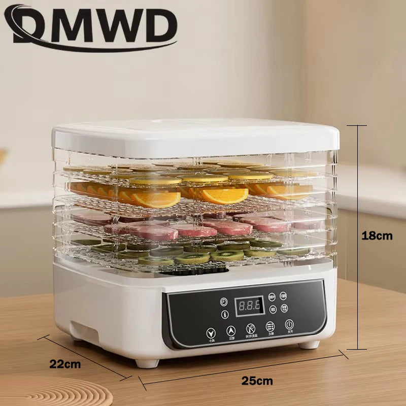 DMWD Dried Food Dehydrator Herb Fruit Vegetable Dehydration Drying Machine Smart Timing 5 Trays Pet Snacks Meat Hot Air Dryer EU
