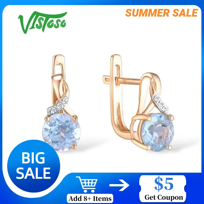 VISTOSO Gold Earrings For Women 14K 585 Rose Gold Sparkling Luxury Diamond Blue Topaz Wedding Engagement Wedding Fine Jewelry