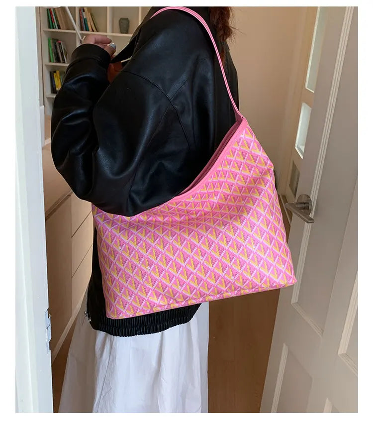 Large Capacity Women's Shoulder Bag Fashionable Commuter Tote Bag Soft PU Leather Printed Geometric Pattern Autumn New Arrival