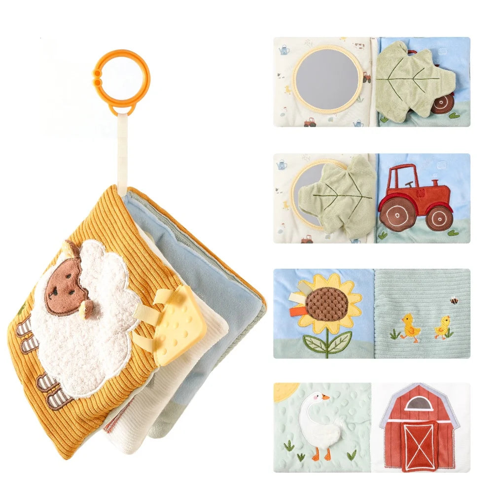Soft Sensory Farm Animal Baby Books Mobile Toy Newborns Early Educational Fabric Book with Mirror & Sound Paper for Babies 6-12M