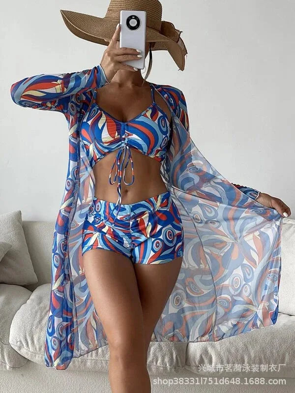 Mingyi New Multi-Color Mesh Cover up Sexy Leg Lengthening Swimsuit Top Bottoms Three-Piece Set Women's Swimwear