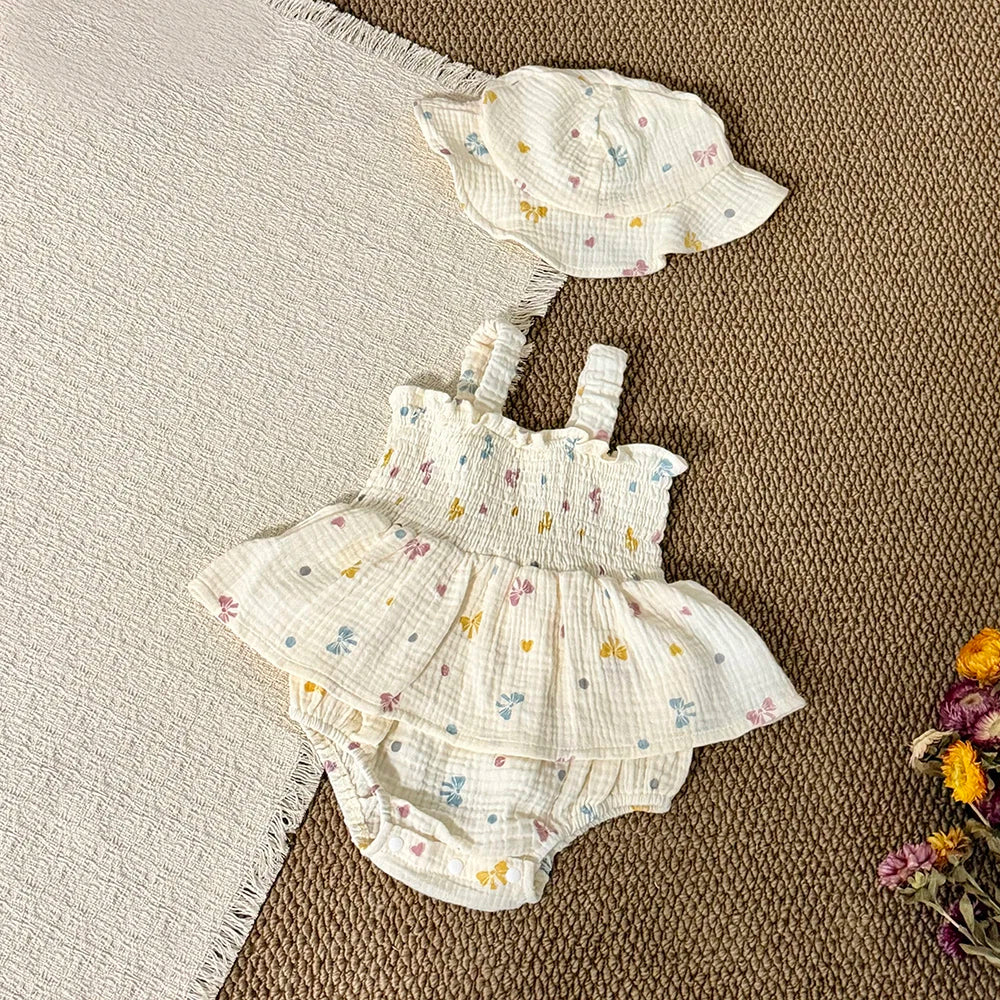 MILANCEL New Summer Baby Bodysuit 3-18M Sweet Bow Infant Girls Straps Jumpsuit +Hat Cotton Thin Toddler One Piece