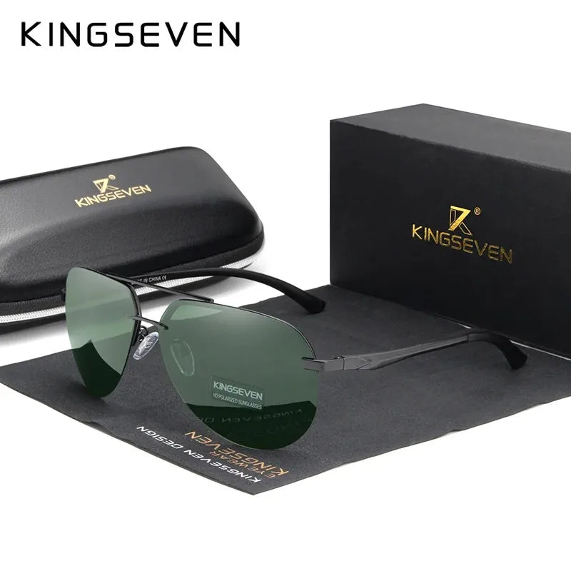 Men's polarized sunglasses with green lenses, black frame, case, and box set