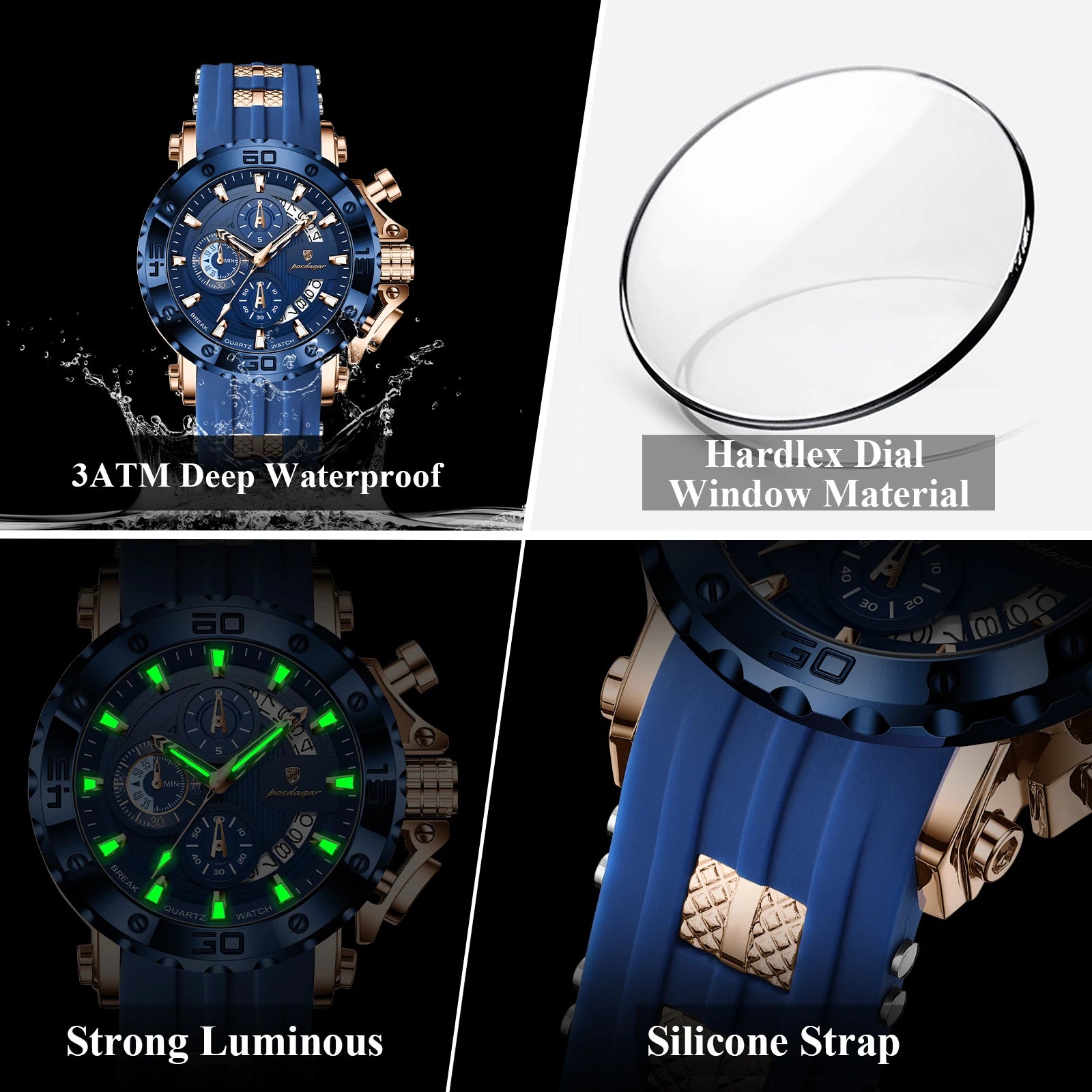 POEDAGAR Original Luxury Man Watch Chronograph Waterproof Luminous Sports Men Clock Calendar Silicone Strap Quartz Men's Watches