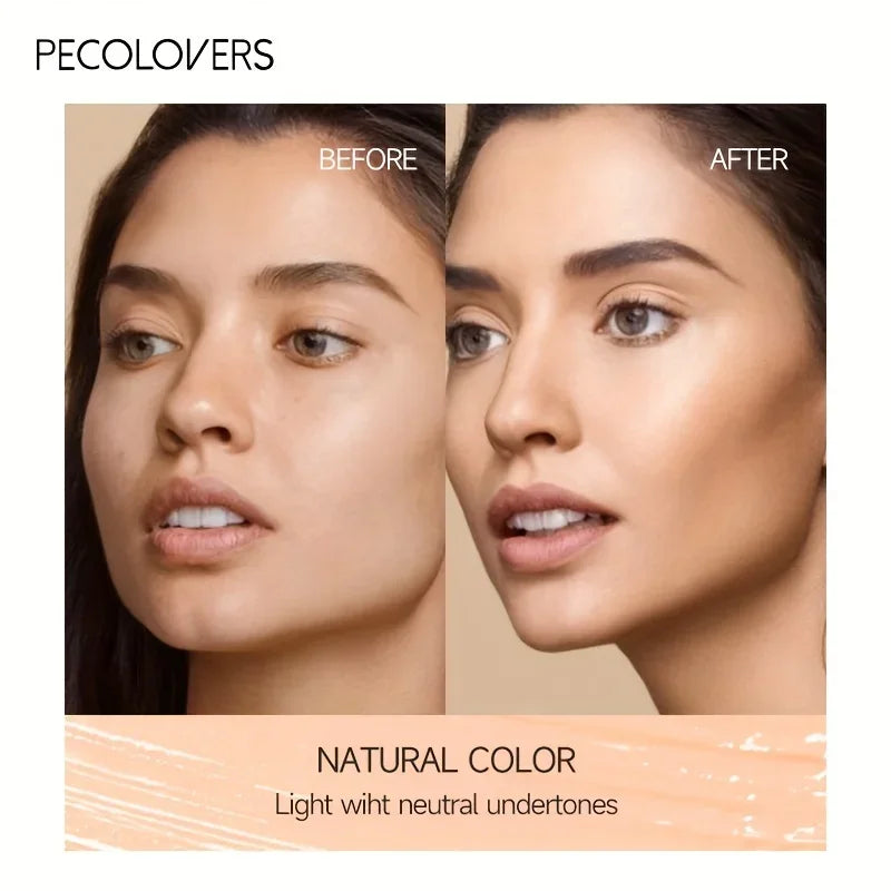 Before and after comparison of woman's face showing natural color foundation with neutral undertones.