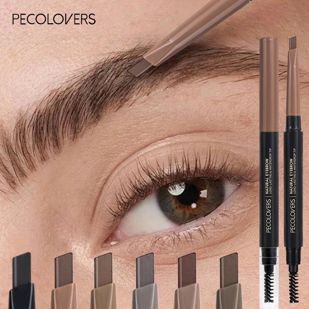 Eyebrow pencil shaping natural eyebrow with close-up of eye and multiple makeup shades visible