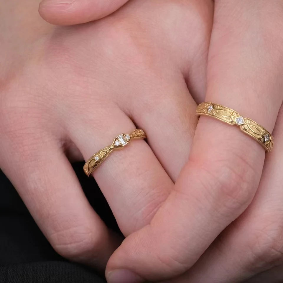 Handcrafted Designer Antique-Style Textured 18K/14K/9K Gold Couple Rings, Timeless Luxury Wedding/Engagement Bands