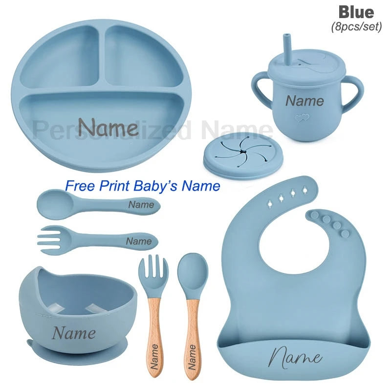 Personalized Logo Name Baby Silicone Dishes Feeding Set Suction Cup Bowl Tableware Kids Bowl Spoon Fork Bib Feeding Set BPA Free