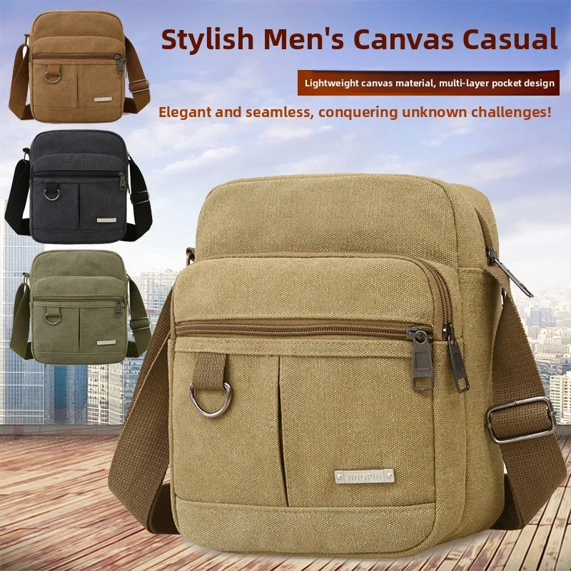 Casual Canvas Shoulder Bag for Men Business Crossbody Small Backpack Soft Handle Zipper Closure Leisure Style Mid-Year New
