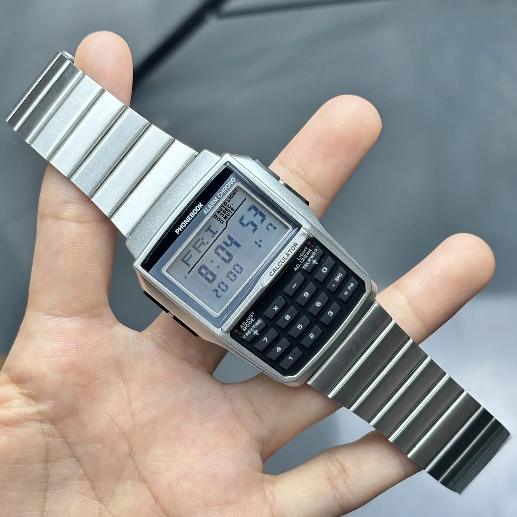 Top Luxury Stainless Steel Men's Watch Dual Time Zone Sports Calculator Watch Men's Digital Watch Timer Casual Phonebook Watch