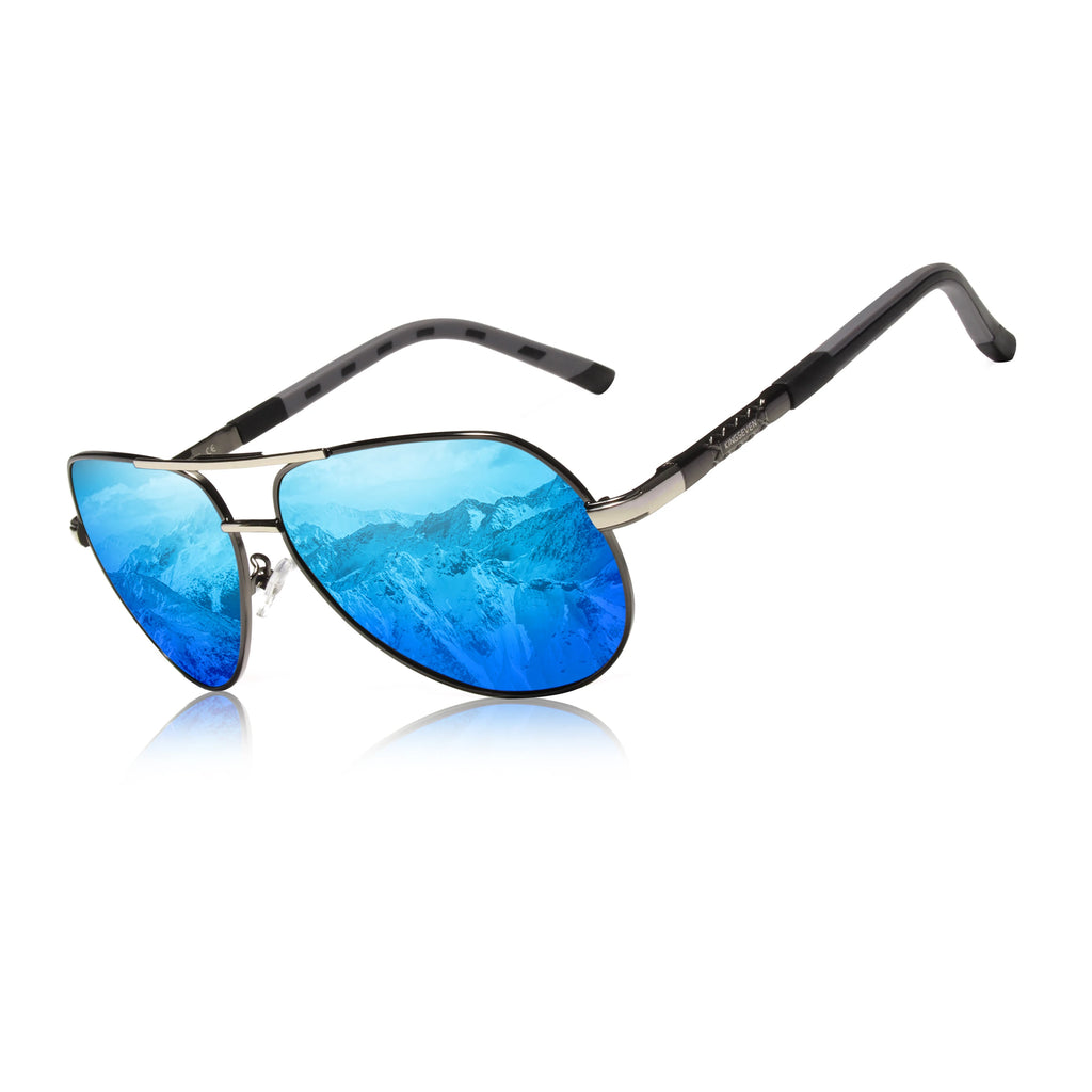 Aviator sunglasses with blue mirrored lenses and mountain reflection, stylish eyewear accessory