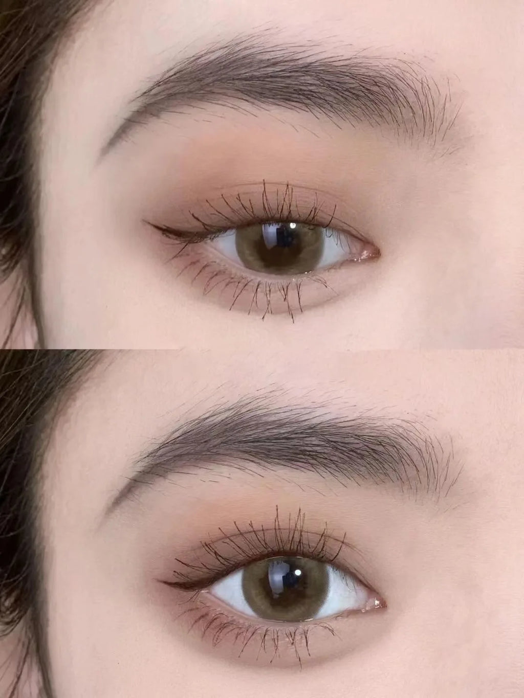 Close-up of eye with natural makeup, brown eyeshadow, long lashes, and defined eyebrows