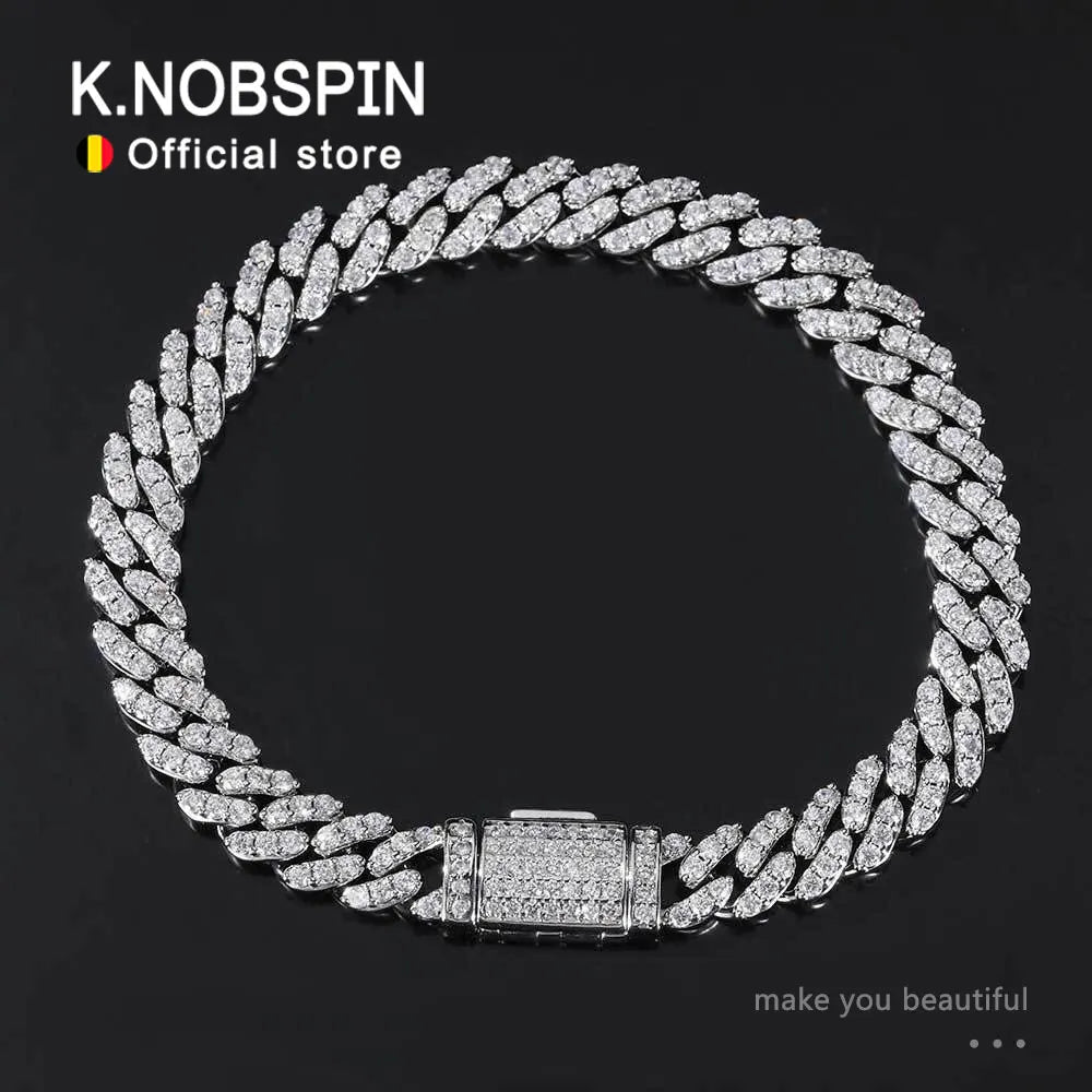 KNOBSPIN D VVS1 Moissanite Cuban Bracelet Original s925 Sterling Silver Plated 18k White Gold with GRA Bracelets for Women Man
