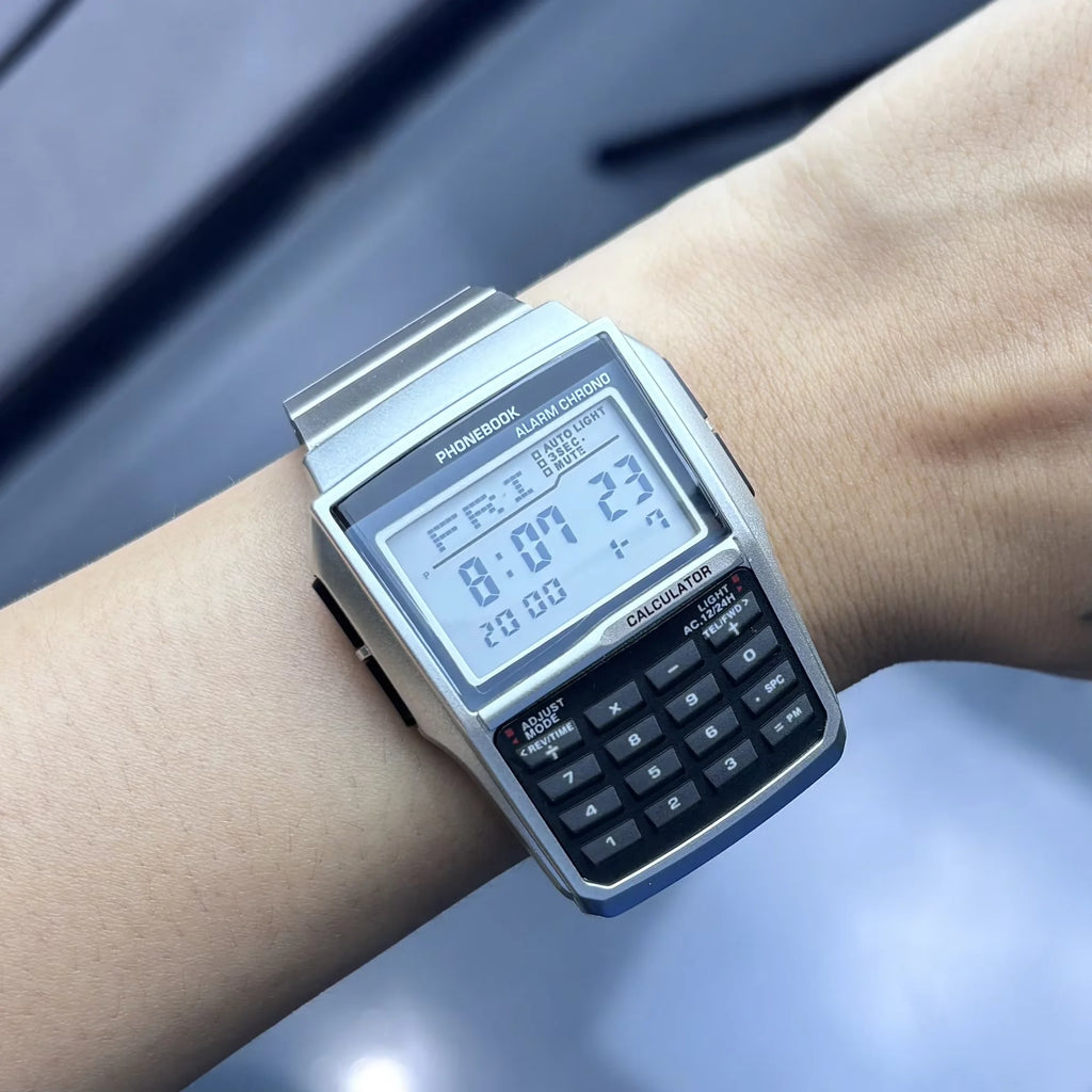 Top Luxury Stainless Steel Men's Watch Dual Time Zone Sports Calculator Watch Men's Digital Watch Timer Casual Phonebook Watch