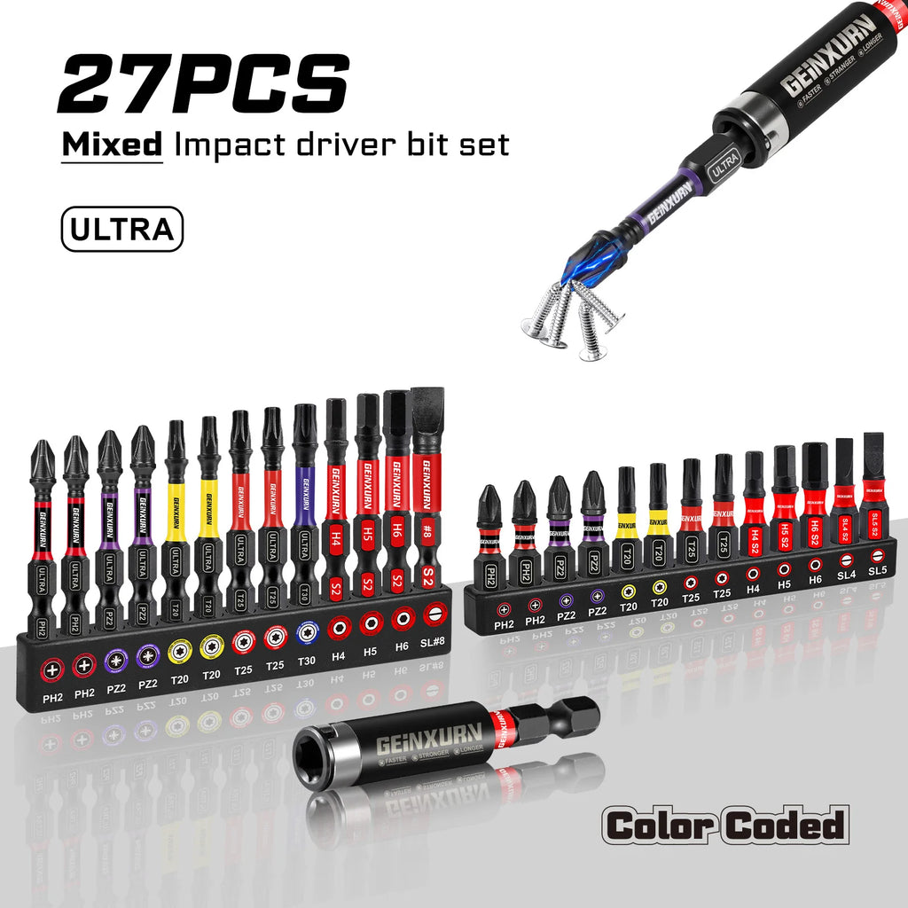 Geinxurn Impact Phillipes/Square/Slotted/Hex Screwdriver Bits Set,1''/2'' Magnetic S2 Steel Bits Set with Color Coded Base