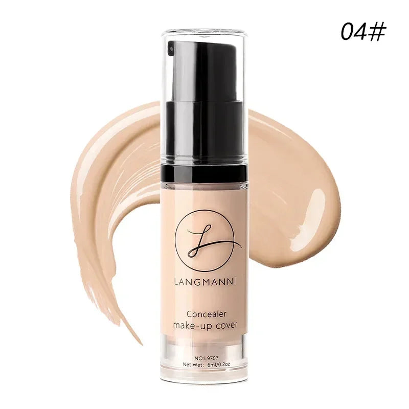 Liquid concealer makeup in pump bottle, beige shade 04, with product swatch background.