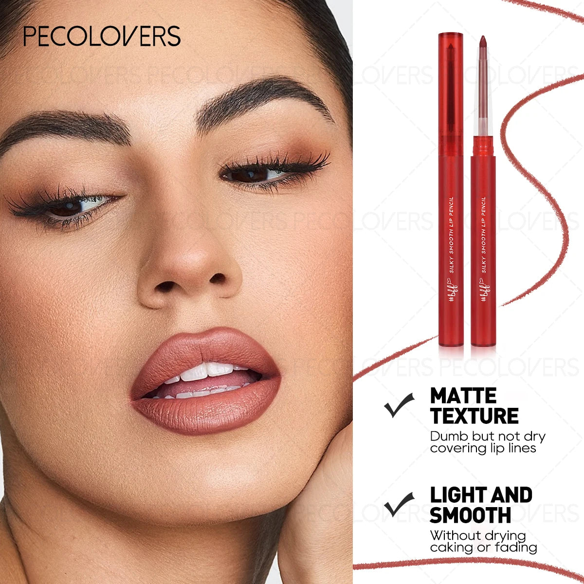 Woman wearing matte nude lip liner, red lip pencil shown, smooth and defined lips, makeup close-up
