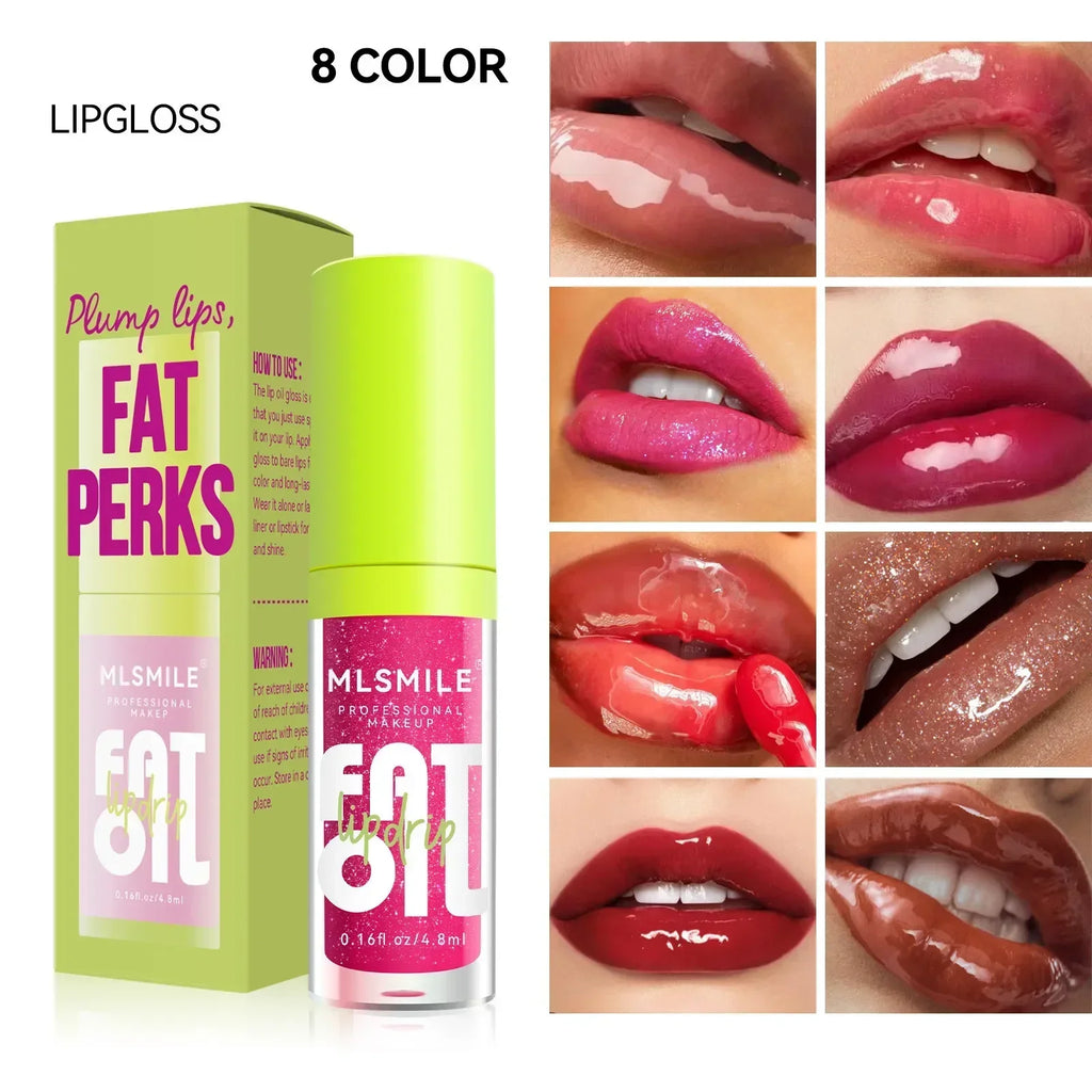 Glossy lip gloss in 8 colors, showing close-ups of shiny lips and pink packaging.