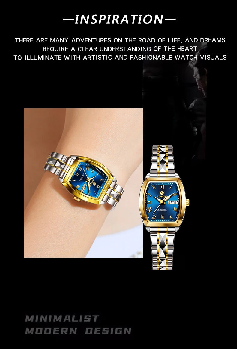 BINBOND 2pcs Couple Watches Fashion Square Quartz Watch for Lover Wateproof Luminous Date Week Men Ladies Valentine Wristwatch