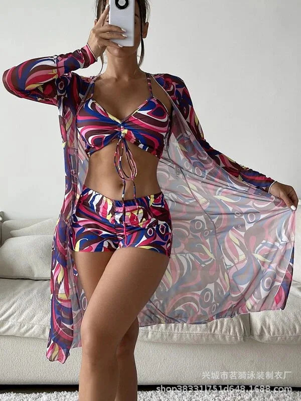 Mingyi New Multi-Color Mesh Cover up Sexy Leg Lengthening Swimsuit Top Bottoms Three-Piece Set Women's Swimwear
