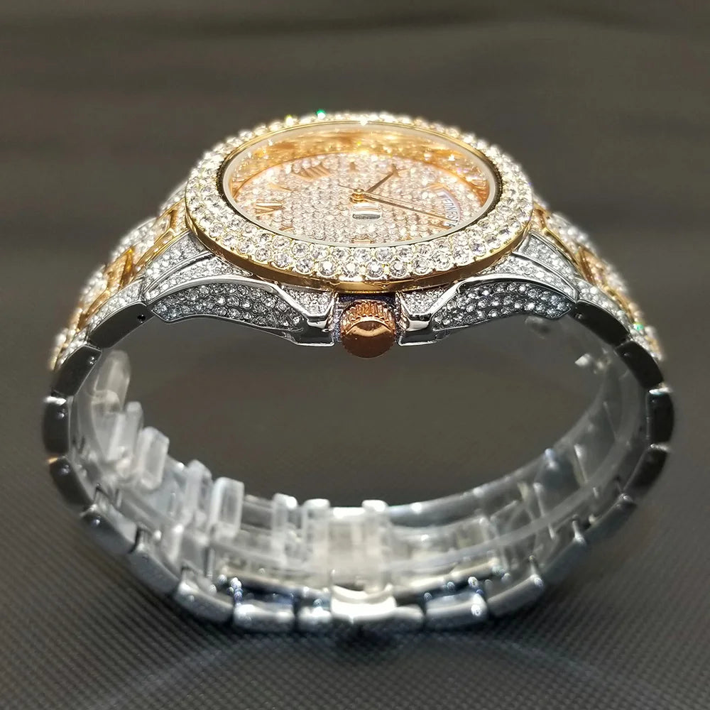TikTok Hot Diamond Wristwatch For Men Luxury 18K Gold Plated Quartz Watches Day Date Nightclub Party Watch Unisex Rapper Jewelry