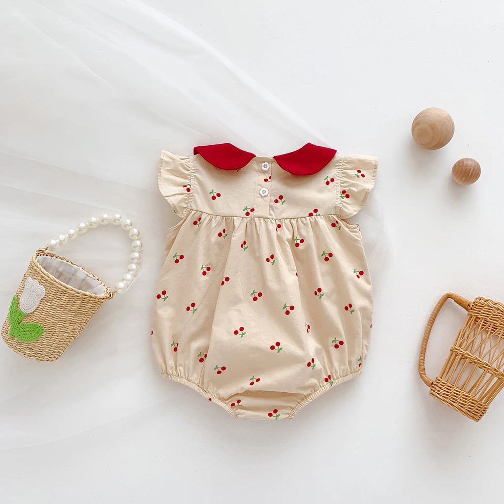 2026 Summer Baby Girls Bodysuit Full Of Cherry Print Toddler One Piece Sweet Peter Pan Collar Flying Sleeve Girls Clothes
